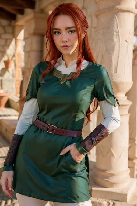 (best quality:1.4), (ultra highres:1.2), bellabaron, beautiful  woman,  red hair, green tunic, link cosplay <lora:bellabaron:0.8>  <lora:linkGreenTunicVer_linkV1:0.8>