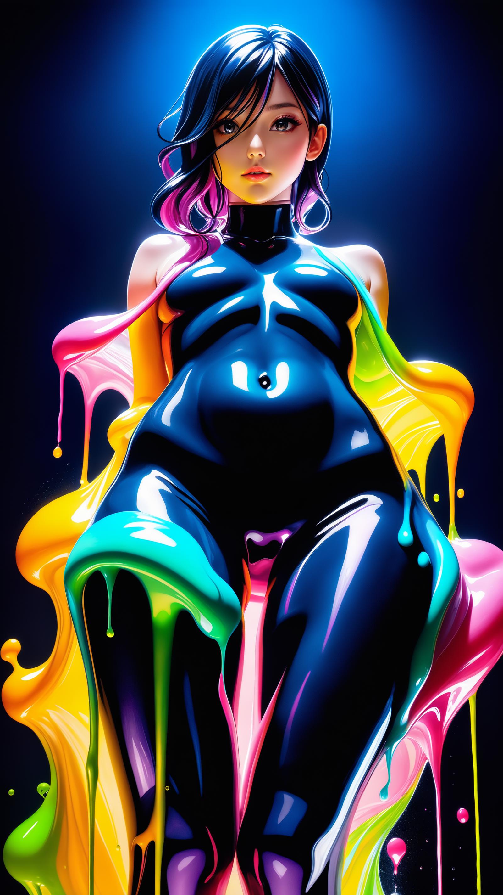 A colorful and artistic image of a woman wearing a black bodysuit and licking a lollipop.