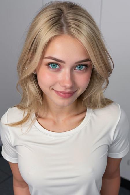 (face like emmatopdown),  body like goose_fit_girl,
blonde hair, athletic body,  eyecandy, desirable, 
tiny breasts, beautiful green eyes, fit body,
 realistic, 
,
(wearing baggy oversizzed  shirt ),
nervous, tiny smile, 
mouth closed