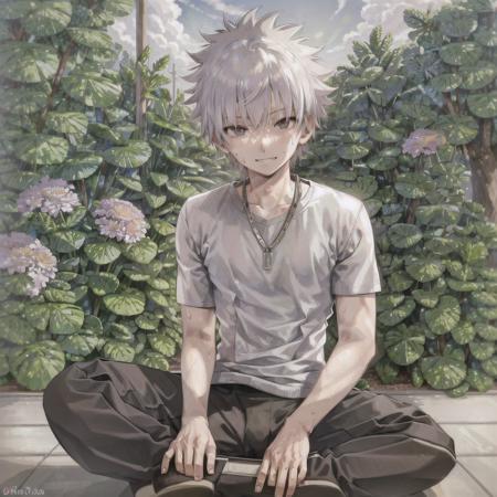 masterpiece, high res, male, white hair, 1boy, solo, sweat, sweaty clothing, lollipop, smiling, looking_at_viewer, muscle, full body, outside, summer, sun   <lora:killua:1>