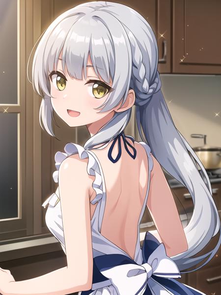 best quality, (masterpiece:1.2), highly detailed, (masterpiece), (illustration),
kitchen, indoor,
standing, (face focus:1.2), face, upper body, (from back:1.3),
nuke apron, sleeveless, frills, collarbone,
1girl, solo, long hair, silver hair, braid, sparkle, breasts, bangs, lens flare, yellow eyes, glint, medium breasts, green eyes,
shy, blush, (looking at viewer), smile, open mouth,
<lora:Saki:0.7>