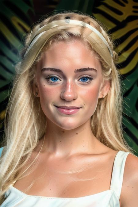 a stunningly beautiful blonde caucasian woman, in a conservative white dress, in a jungle paradise, ((close up, head shot)), [smiling:0.2], candid, amateur, (raw, 8k, uhd, fujifilm xt3), <lora:aliciaAgneson:1>