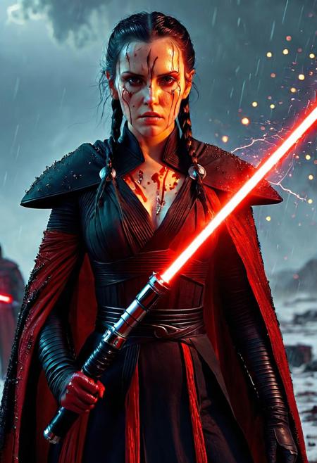A beautiful Dark Sith lord with braided black hair stands defiantly amidst a raging storm on a desolate battlefield. Her Sith robe are intricately detailed and reflect the flickering light of distant fires, Star Wars style, The light of battle illuminates her determined expression as she prepares to face the dark enemy, (holding the Red Lightsaber in his hand: 1.5), Close up. Star Wars art style, Standing on a battlefield at the head of an army of Dark Siths, where a bloody slaughter is taking place, (standing in battle pose: 1.3), cinematic lightning, intricately detailed black and red Sith robe, The scene is reminiscent of a Greg Rutkowski concept art piece, realistic pale freckled face covered in blood, with dramatic lighting and a dark, curvy, looking at viewer, gritty atmosphere, Ultra-detailed, Raytracing reflections, High contrast, beautiful Dark Sith lord, beautiful firm body, girl athletic figure, (the pale face is very similar to Wednesday: 1.6), oranges, and greens, attractive 21 years old woman, cinematic lightning, Cinematic film still, Medium shot. Best quality, Masterpiece, The scene is reminiscent of a Greg Rutkowski concept art piece, realistic pale freckled face covered in blood, with dramatic lighting and a dark, gritty atmosphere, asymmetrical balance