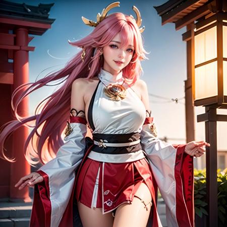 <lora:shenzi30:0.8>,face lighting,bright backlight,medium breasts,super high resolution,best quality,Photos,4k,shenzi,1girl,yae miko,solo,long hair,pink hair,detached sleeves,looking at viewer,jewelry,bare shoulders,japanese clothes,bangs,wide sleeves,earrings,lips,cowboy shot,blurry background,hair between eyes,shirt,purple eyes,animal ears,hair ornament,white shirt,day,sky,thigh strap,red skirt,fox ears,smile,nontraditional miko,very long hair,floating hair,long sleeves,skirt,blue sky,thighs,