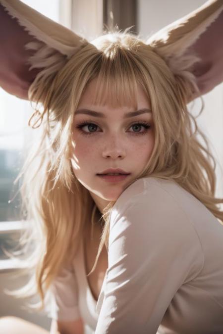swedish girl, laying, crawling, albino, eyes close-up, looking up, portrait, white loose light translucent summer dress, selfie, big hair, long messy white wavy hair, huge very long silky fennec ears, animal ear fluff, fox tail, depth of field, big ice color eyes with long white eyelashes, white eyebrows, round rich big parted lips, very strong freckles, curious, outside, sun from the side, rim light, extreme detail, very sharp, hyper realistic, colorful, saturated, bloom, lens flare, bright
<lora:extendeddownblouse_v10:1>