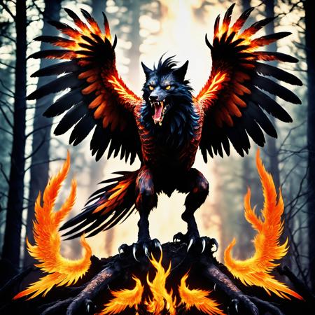 Deep in the forest a half werewolf half flaming phoenix howls,savage humanoid creature,standing on powerful hind legs with digitigrade feet,eyes glow unnatural intensity,predatory stare,face featuring wolf-like snout,sharp teeth,pointed ears,Muscular limbs,elongated clawed fingers,exudes primal strength and menace,<lora:Phoenix:0.68>,terrifying glowing eyes,howling,flaming wings,