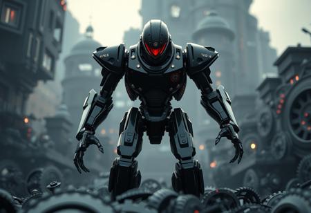 epic details Black Needle Soldier robot, poised for action on intricate Geartown. Sleek monochrome mechanical design, piercing red eye, circular emblem. Outstretched arms, firm stance on metallic landscape. Dramatic cinematic lighting, low angle medium shot. Highly detailed, sharp focus, Matte Painting, Octane Render, Unreal Engine 5, Trending on Artstation, Golden Ratio.