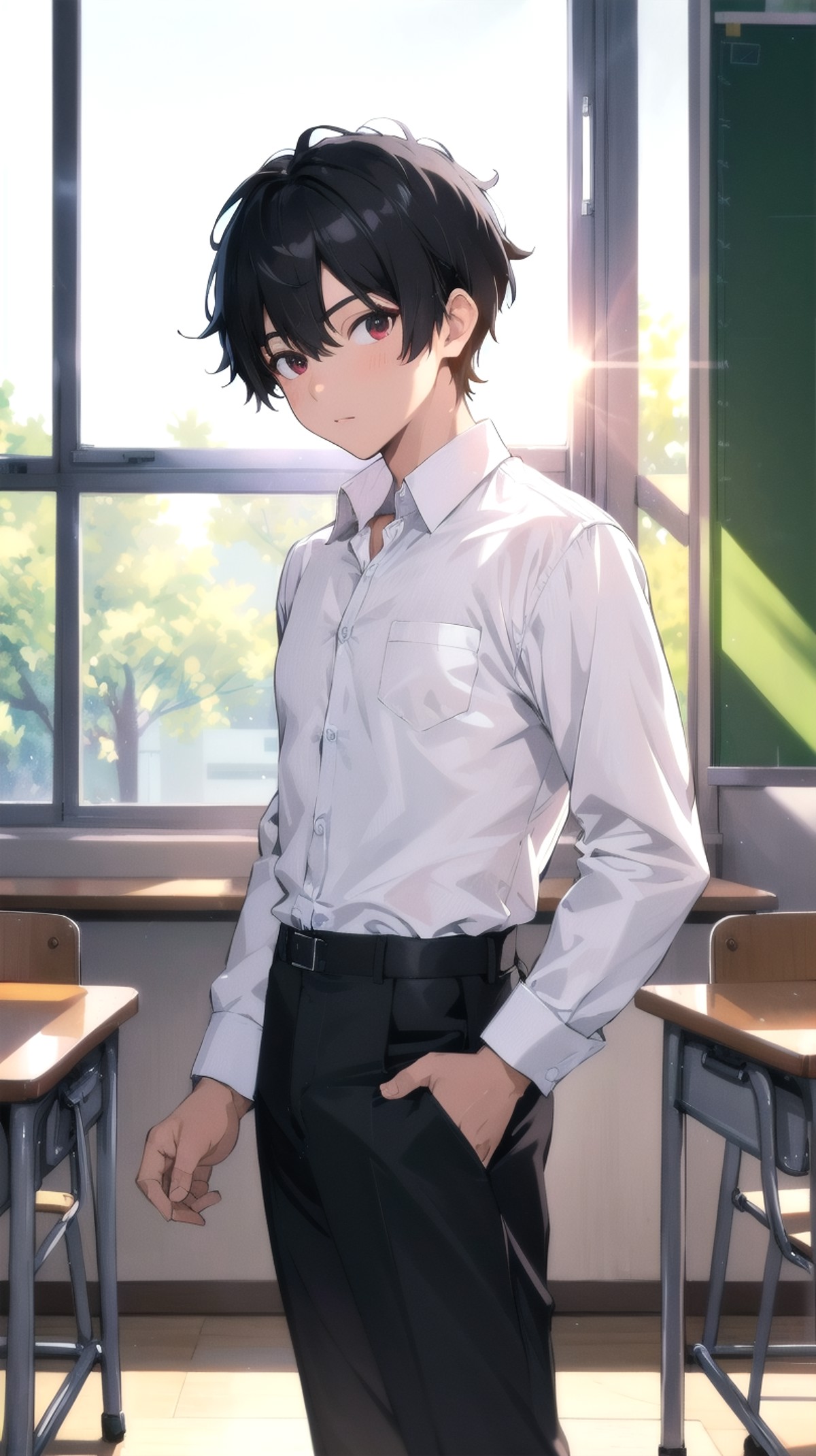 ((ultra detailed,ultra high res,detailed background)),lens flare, 1boy, male focus, classroom, solo, desk, indoors, shirt,...