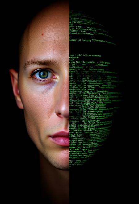 striking portrait of a human face, split vertically into two distinct halves:
    Left half: Photorealistic human face with detailed features and skin texture.
    Right half: Composed entirely of computer code (e.g., green text on a black background), yet still maintaining the exact shape and contours of the head and facial features.
The transition between the two halves should be abrupt but precise, creating a stark contrast between human and digital elements. Emphasize that the code half should appear "renderized" while still clearly forming recognizable facial features. The overall effect should be surreal and visually captivating, seamlessly blending humanity and technology in one image.