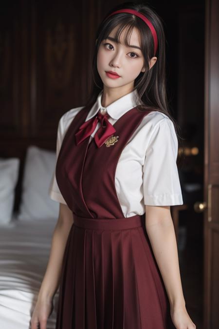 ultra-detailed,highly detailed,best quality,masterpiece,illustration,realistic,
school uniform, solo, 1girl, 
hairband,collared shirt, pinafore dress, pleated skirt,  long skirt, short sleeves, neck ribbon, badge, 
standing,looking at viewer,  \m/,cowboy shot, huge breasts, 
side ponytail, very long hair,  hair hair over shoulder, brown hair, bangs, 
blurry background,  photo background,indoors, bedroom, 
<lora:school uniform__hnq_v1_05:0.7>