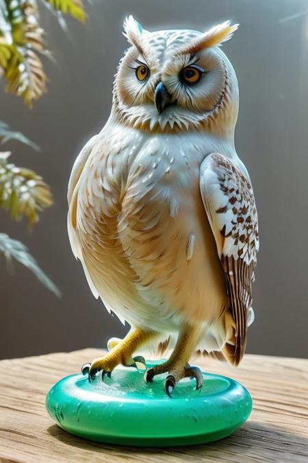 full photograph of owl bird, 
owl made of slime, 
Transparent material allows you to see trough it, 
sunny room background, 
high resolution, 8k, 
dripping, slime-morph, sl1m3d