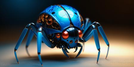 Mechanical robotic cute realistic bright blue insect (Spider with a spherical abdomen that is sleek and shiny.  The abdominis larger than its head and thorax, which are fused together. Like a small, plump black ball connected to a smaller, black head) with many small and large eyes standing in background complete black, unsettling, wide angle, nighttime, 
subsurface scattering, ultra hd, 4k, high def, Photorealistic, Hyperrealistic, Hyper detailed, analog style, realistic, masterpiece, best quality, ultra realistic, 8k, Intricate, High Detail, film photography, soft lighting,  heavy shadow
<lora:epi_noiseoffset2:1>, <lora:add_detail:0.8>, <lora:add-detail-xl:1> <lora:xl_more_art-full_v1:0.5>
<lora:KK_paperCut_v1:1>, paper_cut, (fractal art: 1.4)