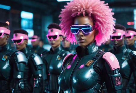 ultra wide scene, 50 military recruits saluting a sexy half african half caucasian female cyberpunk military officer with realistic pink afro hair. glowing white eyes, one cyborg arm, cyborg face implants, cyberpunk shades, beautiful strong facial expression, cyberpunk military uniform