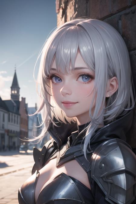 1girl,solo,cute detailed face,smile ,armored dress,silver hair,multicolored hair,fantasy,town horizon,8K Raw photo,photorealistic, cinematic lighting,film glain,sharp focus,realistic , depth of field