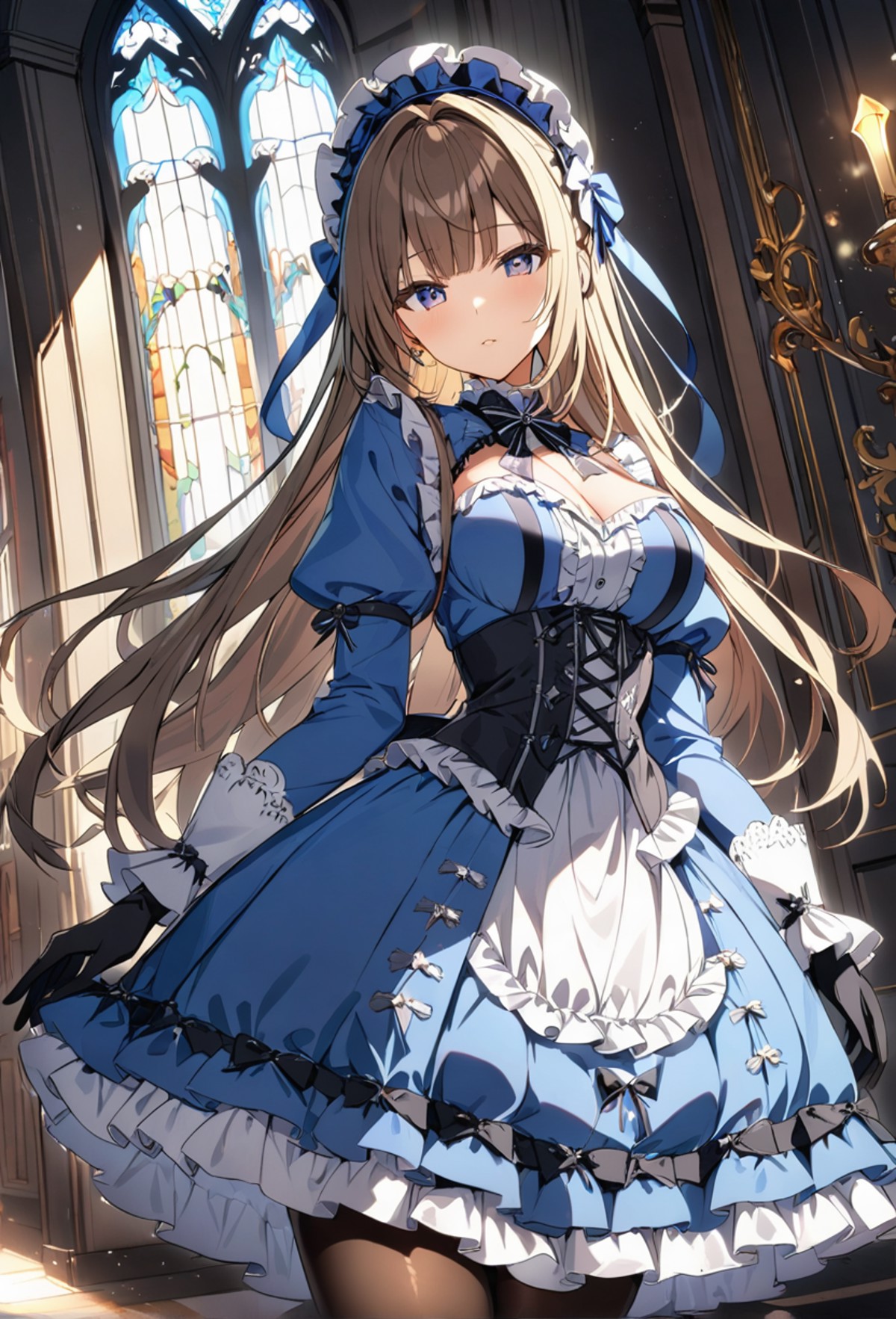 1girl, solo, long hair, blue dress, frills, pantyhose, gloves, looking at viewer, jewelry, bangs, lolita_fashion,
highly d...