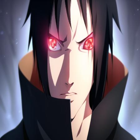 1boy, black hair, close-up, face, glowing, glowing eyes, long hair, looking at viewer, male focus, red eyes, solo, upper body <lora:Naruto_fanart_anylora-40:1>