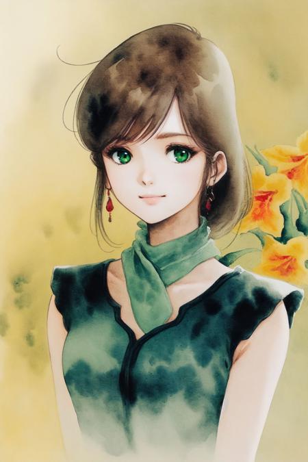 upper body, solo, 1girl, dark brown hair, green eyes, sidelighting, Gladiolus \(flower\), floral background, watercolor \(medium\) <lora:Mikimoto_haruhiko_style_v02:1>