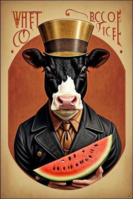 Steampunk cow angrily brandishing a watermelon slice, digital art