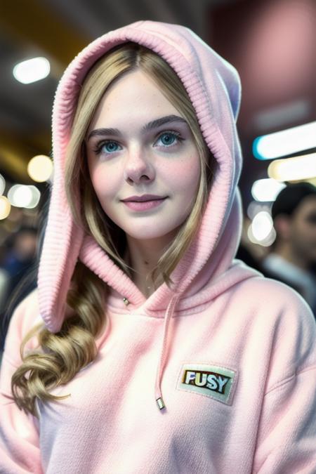 a naturally beautiful woman, at a crowded comicon convention, pastel pink hoodie, (people in the background), [candid:0.5, amateur:0.5], 8K, RAW, UHD, perfect face, stunning clear eyes, [perfect smile], (((close up))) <lora:ellieFanning:1>