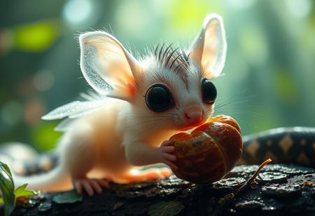 furry little translucent mammal in a rain forest zoomed in, rainbow of light reflection off dew, green and vivid colors, wild fog, large eyes, transparent body, invisible like a jelly fish, huge ears, cute, adorable, eating a nut, fungal hair, see through, wings, amazing atmosphere, snake in background