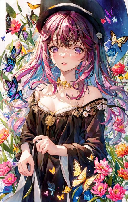 1girl, animal, artist_name, bangs, black_ribbon, blue_butterfly, blush, breasts, brown_eyes, brown_hair, bug, butterfly, butterfly_hair_ornament, butterfly_on_hand, butterfly_wings, collarbone, daisy, eyebrows_visible_through_hair, flower, glowing_butterfly, hair_between_eyes, holding, holding_flower, leaf, lily_\(flower\), long_hair, long_sleeves, looking_at_viewer, lotus, marker_\(medium\), medium_breasts, multicolored_hair, painting_\(medium\), parted_lips, pink_eyes, pink_flower, purple_eyes, purple_flower, purple_hair, ribbon, solo, traditional_media, tulip, upper_body, watercolor_\(medium\), white_butterfly, yellow_butterfly <lora:style_YZL:1>