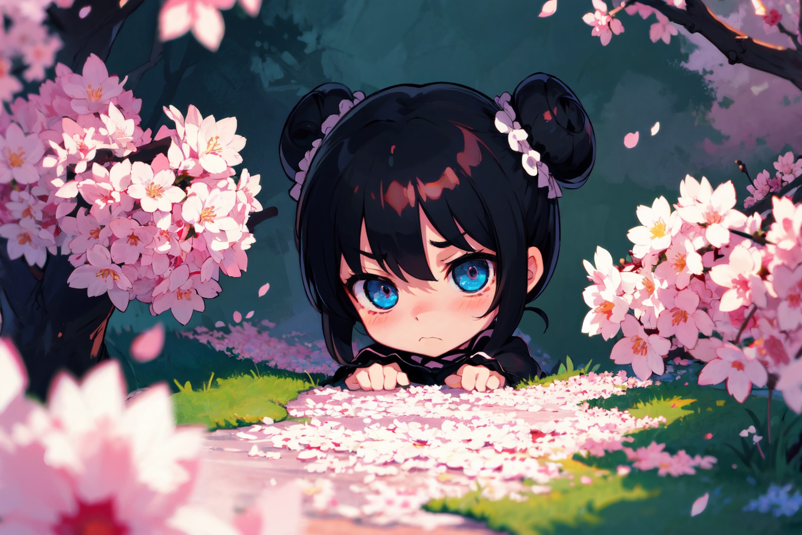 detailed background, masterpiece, best quality, mksks style, 1girl, short black hair, (hair buns:1.1), blue eyes, large ey...