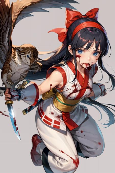 masterpiece, best quality,1girl, blood, long hair, red bow, bow, blue eyes, solo, black hair, weapon, ainu clothes, blood on face, hair bow, knife, blood on clothes, hairband, reverse grip, holding, blood on weapon, sash, tree, blood on hands, pants, sword, gloves, very long hair, looking at viewer, ponytail, boots, full body, sleeveless, fingerless gloves, holding weapon, japanese clothes, obi,