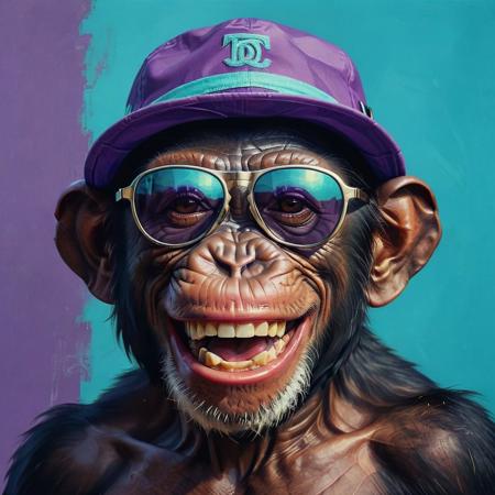closeup portrait of a chimp, lucky laugh face, bucket hat on head, highly detailed, evocative, high contrast, purple and turquoise color blocks as the background, retro style white sunglasses, lucky laugh face