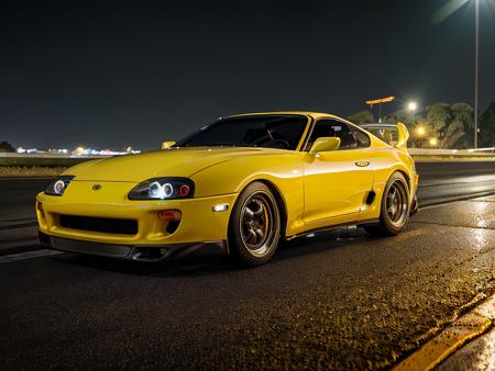 side photo of yellow mk4Supra on a road at night, high quality photo, bokeh, 8k resolution, gobo lights, cool ambient light volumetric light, neon lights, depth of field, analog, <lora:Mk4Supra-000001:.8>,  <lora:analogdiffusion_Lora300:.2>