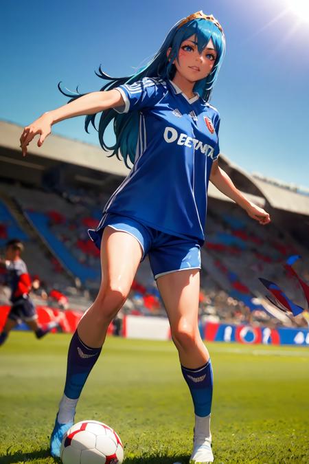 (extremely detailed CG unity 8k wallpaper), (best quality), (ultra-detailed), (best illustration), 1girl, detailed soccer stadium, outdoors, beautiful sunlight, soccer uniform, shorts, socks, soccer,  green field, (smiling),  <lyco:unichile-10:0.8>, unichile <lora:lucina:0.8>, lucina fe, tiara, long hair, blue hair, blue uniform