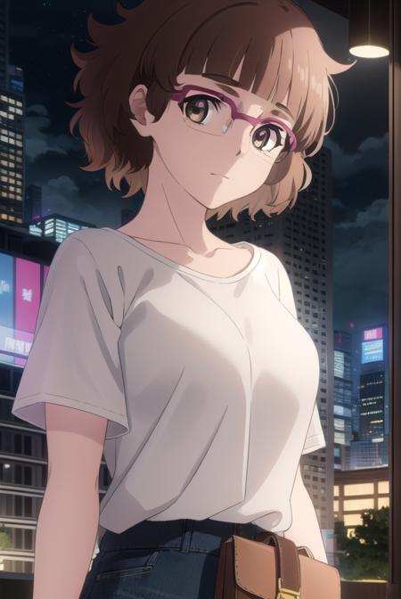 recreatorsmarine, <lora:recreators marine s1-lora-nochekaiser:1>,
marine, short hair, brown hair, (brown eyes:1.3), glasses, mole, mole under eye, bangs, blunt bangs,
BREAK skirt, shirt, white shirt, short sleeves, pink skirt, collarbone,
BREAK outdoor, city, night, sky, buildings, moon, clouds,
BREAK looking at viewer, (cowboy shot:1.5),
BREAK <lyco:GoodHands-beta2:1>, (masterpiece:1.2), best quality, high resolution, unity 8k wallpaper, (illustration:0.8), (beautiful detailed eyes:1.6), extremely detailed face, perfect lighting, extremely detailed CG, (perfect hands, perfect anatomy),