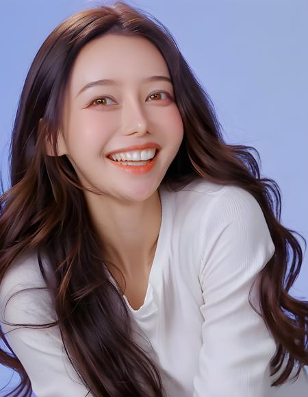 Amidst a vibrant blue backdrop, L334Y, a woman with long, wavy chestnut hair and warm brown eyes, is captured in a striking portrait. She wears a pristine white shirt and fitted denim jeans, her casual attire contrasting the serene background. Her radiant smile captures a playful and confident mood as she gazes directly at the viewer, inviting them into her world of carefree ease. The camera angle is slightly below, creating an intimate and engaging perspective that invites the observer to join her in this moment. The soft natural lighting illuminates her features, highlighting the subtle details of her outfit and enhancing the overall warmth and positivity of the scene.