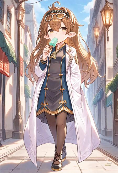 gbf-alspia, harvin, brown hair, long hair, brown eyes, hairband, mole under eye, eyewear on head, white-framed eyewear, gbf-alspia outfit, labcoat, black dress, brown pantyhose, black footwear,  gbf-alspia, harvin, brown hair, long hair, brown eyes, hairband, mole under eye, eyewear on head, white-framed eyewear,