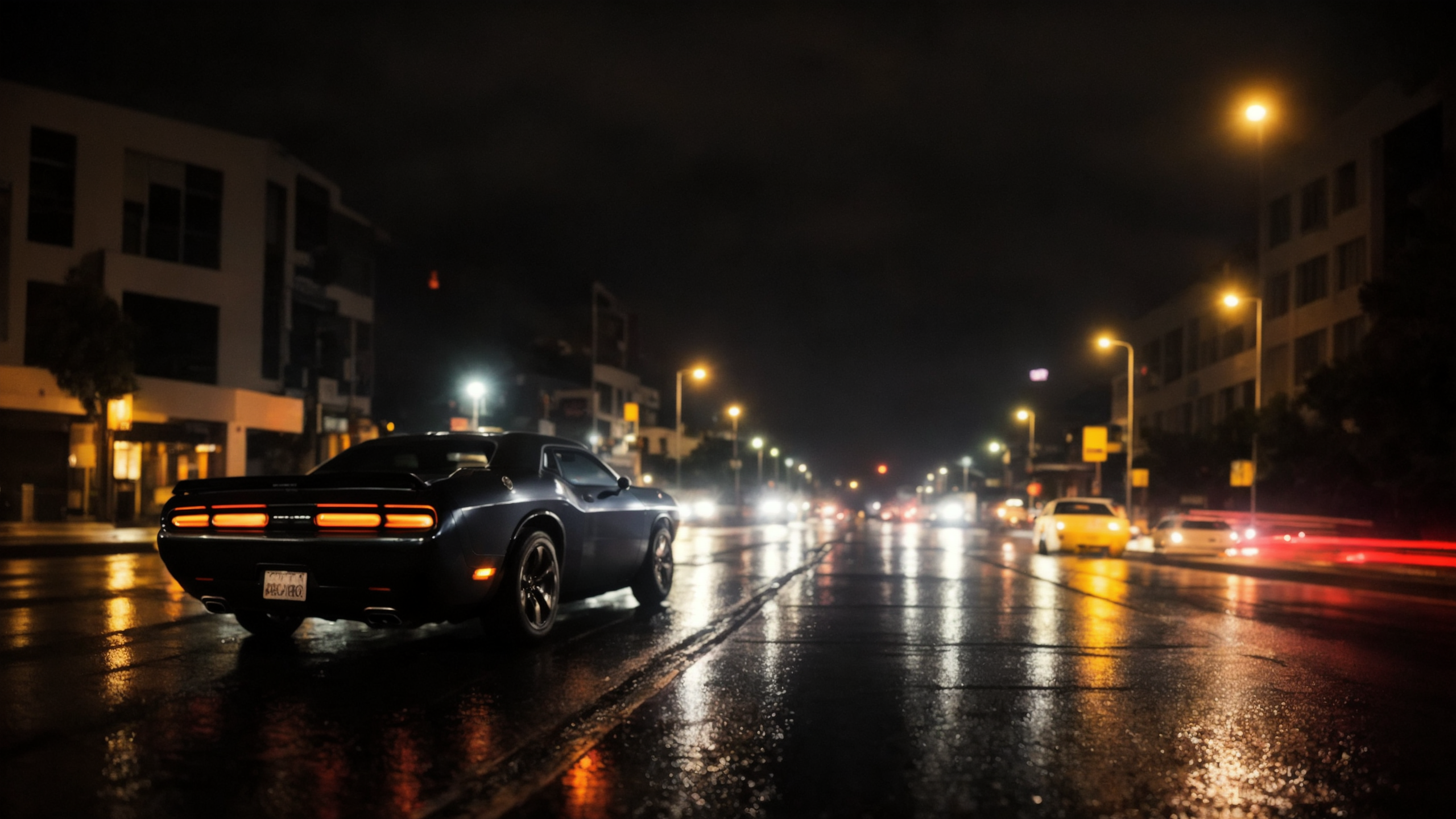 muscle car one dodge challenger driving through a city, night lights, dark movie, moody tones, cinematic, rain, reflection...