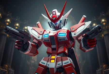 The image depicts a detailed Dark King of the Abyss robot, standing with a readiness posture, against an Altar of Restoration background. The robot, primarily red and white, features blue and yellow accents, giving a lively touch. The body is strikingly red with white and blue accents highlighting the features, while the head is a blend of red and white with a blue visor. Holding large and small guns, the robot's dynamic pose exudes a powerful message, ready for action. The image captures a compelling story, with exceptional 4K quality, vivid emotions, and beautiful detailed eyes. Trending on Artstation and 8k, the artwork is a front and backlit masterpiece.