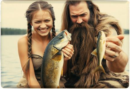 Vintage Polaroid, best quality, 20yo cavewoman with braided hair, she’s holding a large walleye vertically, laugh on face, with a 45yo, (caveman, crying expression,long hair, short beard), (holding  a tiny minnow vertically), on lakeshore, clothed in deerskin tunic, realistic skin textures
