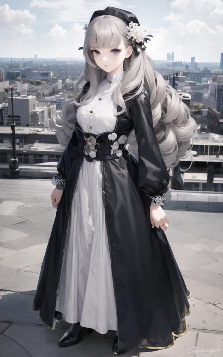 masterpiece, best quality,fuyusaka iori 1, 1girl, solo, hair flower, nun, hair ornament, flower, long hair , full body, grey hair, white flower, standing, grey eyes,looking at viewer, highly detailed city background,(ulzzang-6500:0.8), blush