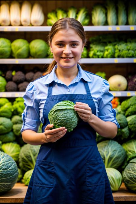 photo RAW,(Ukraine woman, the seller in the store, with an smiling expression, holds cabbage in her hand, blue uniform ,look to camera,(bokeh:1.1)), masterpiece, award winning photography, natural light, perfect composition, high detail, hyper realisti,(Fill with vegetables:1.2)