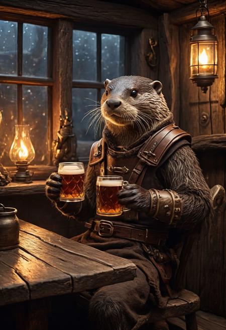 fantasy anthropomorphic a otter warrior in dark tavern holding a pint of ale in a cozy environment with gas lamps rustic wood warm brick fireplace and frosted glass windows