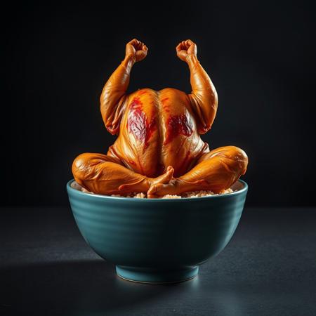 A roasted chicken in a yoga pose, sitting atop a bowl of fried rice. The chicken is perfectly browned and detailed, its posture serene and balanced.  The bowl is teal, and the rice is fluffy and textured, with visible vegetables. The background is a dark, moody setting, with a subtle light source highlighting the chicken. The overall style is photorealistic, with a focus on texture and detail