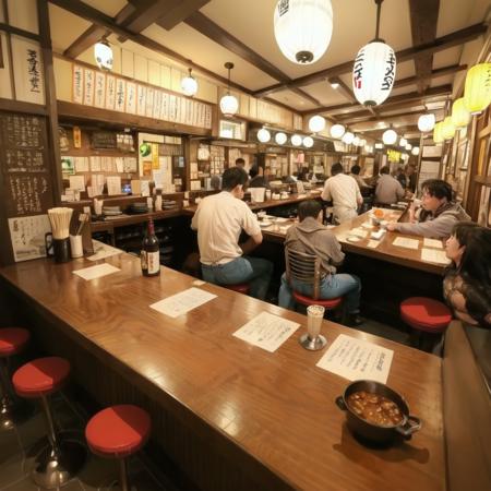 best quality, ultra-detailed, illustration,
sakaba, multiple boys, food, sitting, indoors, alcohol, chopsticks, cup, shirt, black hair, bar (place), glasses, denim, table, bottle, facial hair, lantern, ceiling light, pants, jeans, male focus, lamp, paper lantern, chair, beer, apron, stool, plate, plaid, 4boys, holding, phone, scenery, tokkuri, counter, realistic, photo background, photo (medium), japan, japanese architecture
 <lora:JAPN_SCENERY_TaisyuSakaba_SD15_V1:1>