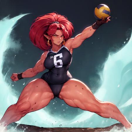 (dark_skin:1.6), red hair, pointed ears, masterpiece, high quality, highres, detailed face, detailed hands, full_body of Urbosa , sharp features, standing in an office scene BREAK wearing (((volleyball unfirom))), spiking the ball over the net, action shot, curved pose, sfw <lora:urbosa:0.4>