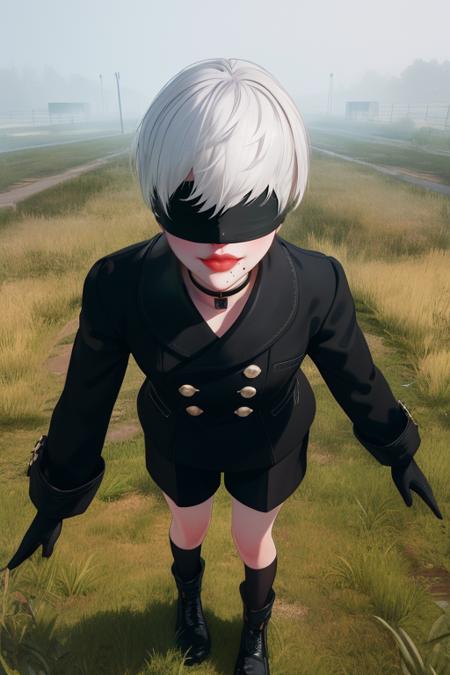 Yorha white hair,black blindfold,short hair,black choker,covered eyes,lips,mole under mouth,  standing, upper body,  smile, 
Ygear, black gloves,long sleeves ,black footwear, black shorts, black socks,black jacket,buttons,
deserted school yard, fog,  grass, 
(insanely detailed, beautiful detailed face, masterpiece, best quality)    <lora:Yorha9s:0.7>