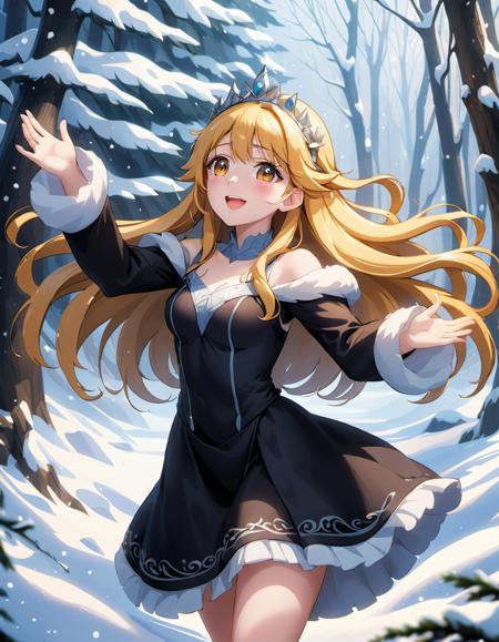 1girl,solo,anime,full body,princess,waving,open hand,hands up,detailed and beautiful hands,bare breast,mysterious,smile,golden hair,black dress,short skirt,winter,in deep forest,snow,(embedding:unaestheticXLv13.safetensors:1.2),(embedding:negativeXL_D.safetensors:0.8),(masterpiece,best quality,ultra_detailed,highres,absurdres:1),(masterpiece, top quality, best quality, beautiful and aesthetic),ultra-detailed,an extremely delicate and beautiful,beautiful detailed face,clear face,best illustration,extremely detailed eyes and face,amazing,detailed and intricate,Highest image quality, beautiful delicate background,beautiful detailed glow,