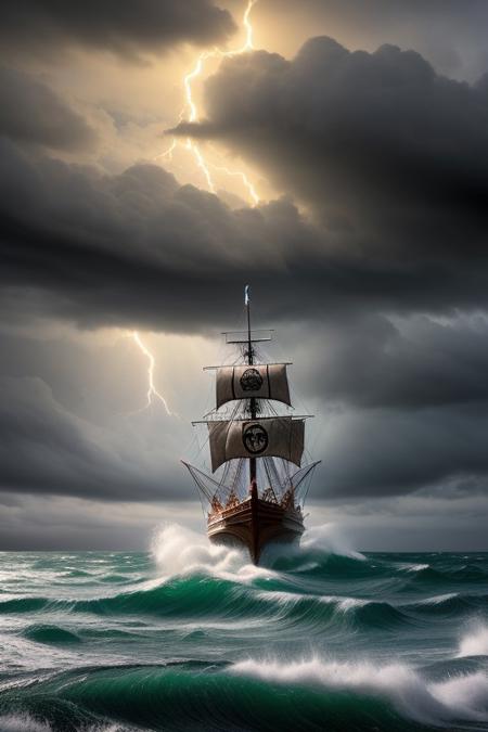Pirate ship sailing in a storm, realistic, waves, rain, pirates,leviathandef, no humans, glowing eyes, water