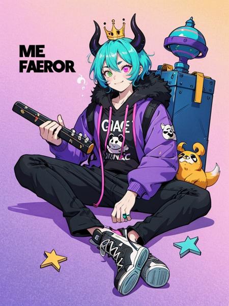 hezi, trend illustration, bright colors, furry, furry male, artist name, solo, 1boy, male focus, instrument, character name, ring, jewelry, crown, keyboard \(instrument\), sitting, pink eyes, colored sclera, holding, space, bandaid, glowing, watermark, pants, heterochromia, smile, holographic interface, purple background, shirt, star \(sky\), looking at viewer, musical note, green eyes, copyright name, horns, floating, panda, closed mouth, animal ears, black sclera, facial mark, black pants, english text, purple eyes, long sleeves, gradient, full body, no humans, striped, web address, black fur, tail, signature, gradient background, forehead mark