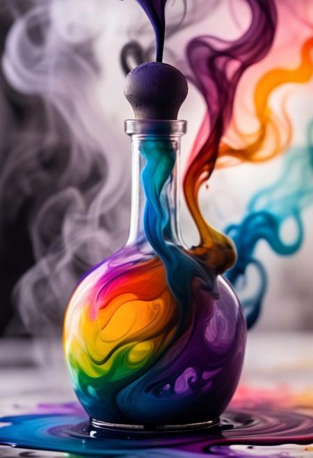 a bottle of potion filled with multicolored liquid, there is a smoky haze coming out of the top made of multicolored swirling ink, bokeh,