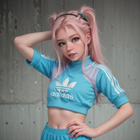 by Jean Michel Basquiat,a cyborg girl, <lora:DI_belle_delphine_v1:1> BREAK Girl wearing Adidas sportsuit, sporty and rich, 80s, vintage photography