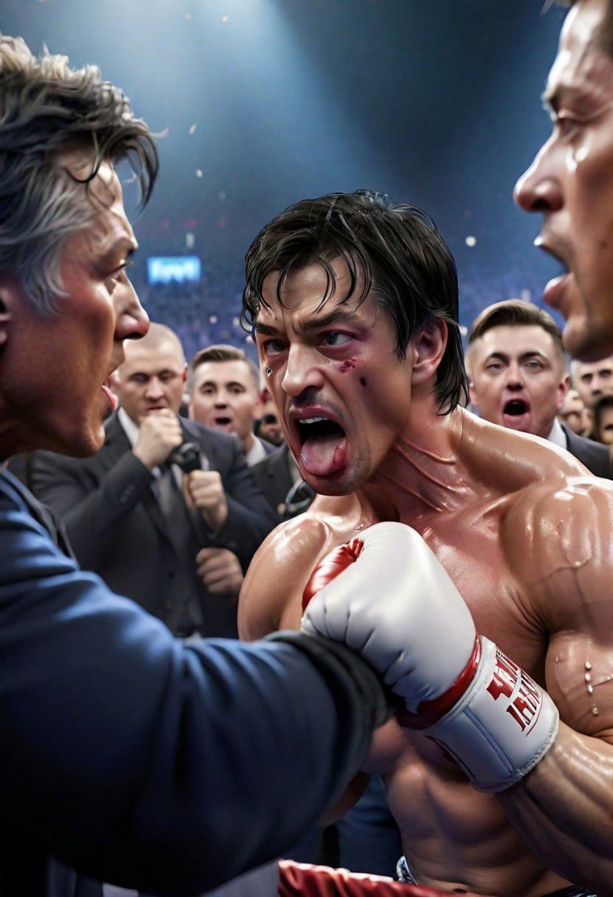 Cinematic Movie still of Sylvester Stallone as Rocky Balboa punching Elon Musk in the face, crowd cheering, bokeh, 35mm, f...