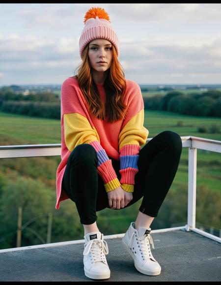 RAW full body analogue photo of a beautiful 25 years old woman, clear focus, high resolution image, pale skin (Auburn-hair Irish woman),  ,wearing Punk with a Pop of Color, a bright oversized sweater, black jeans, and colorful high-top sneakers. Features a beanie and colorful wristbands, ,,low light, soft natural light, Rembrandt style light, Hasselblad DLSR camera, 200mm Zeiss lens, f/2.8, ,Sexy pose, erotic pose, exhibitionism, ,observatory terrace
